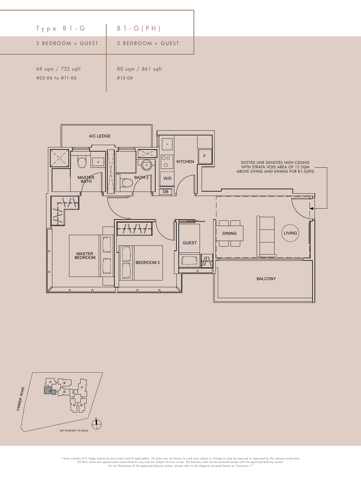 Type B1-G and B1-G(PH) · 2-Bedroom + Guest · 732 / 861 sqft