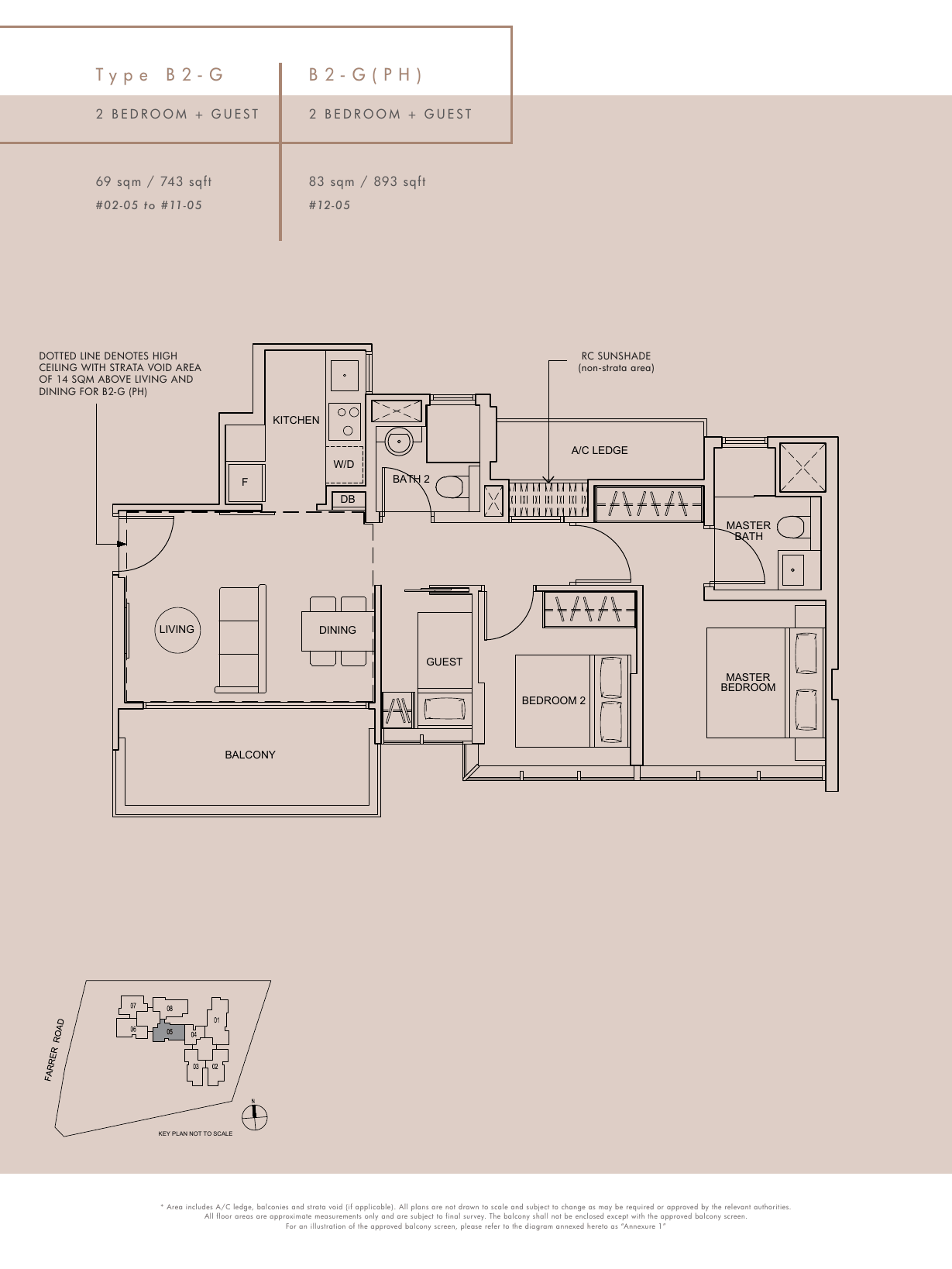 Type B2-G and B2-G(PH) · 2-Bedroom + Guest · 743 / 893 sqft
