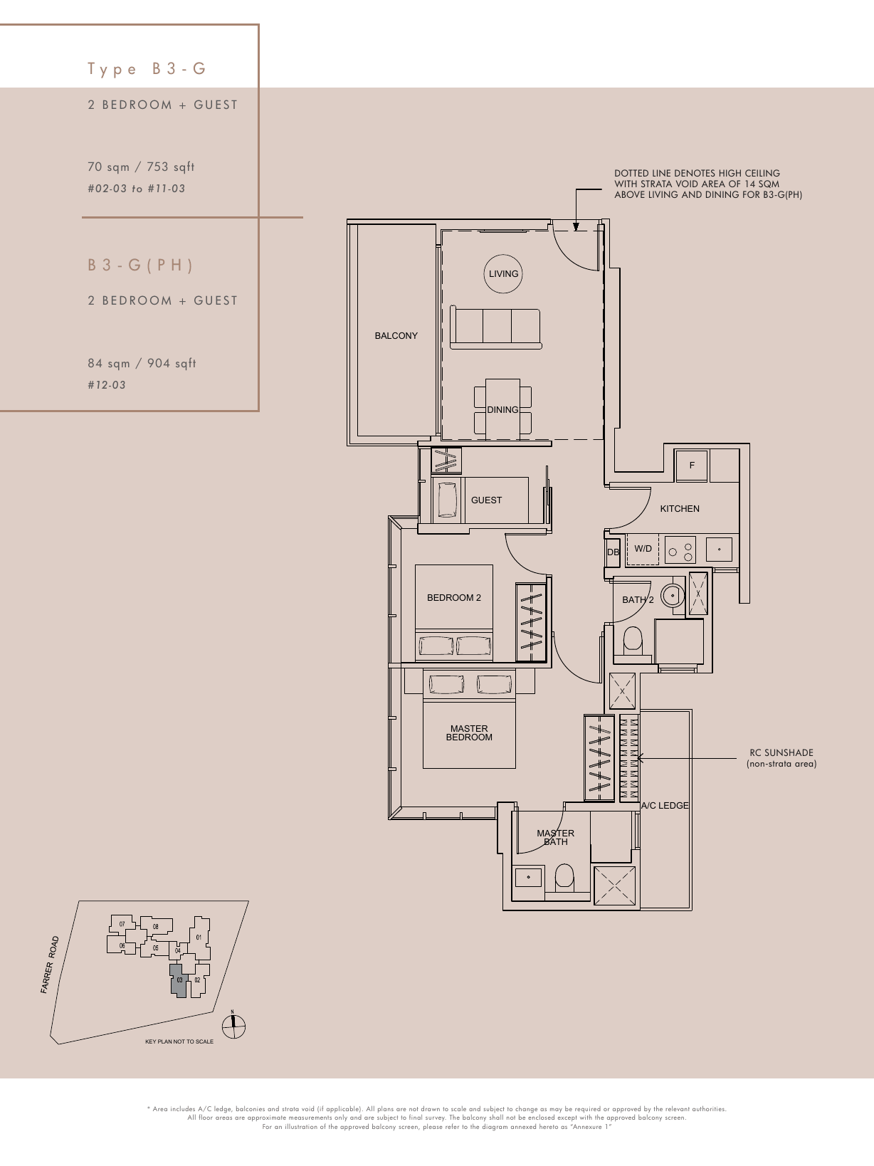 Type B3-G and B3-G(PH) · 2-Bedroom + Guest · 753 / 904 sqft