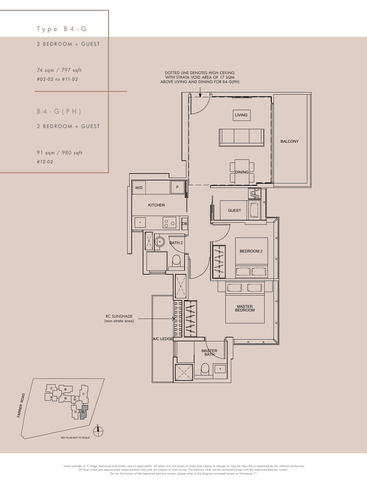 Type B4-G and B4-G(PH) · 2-Bedroom + Guest · 797 / 980 sqft